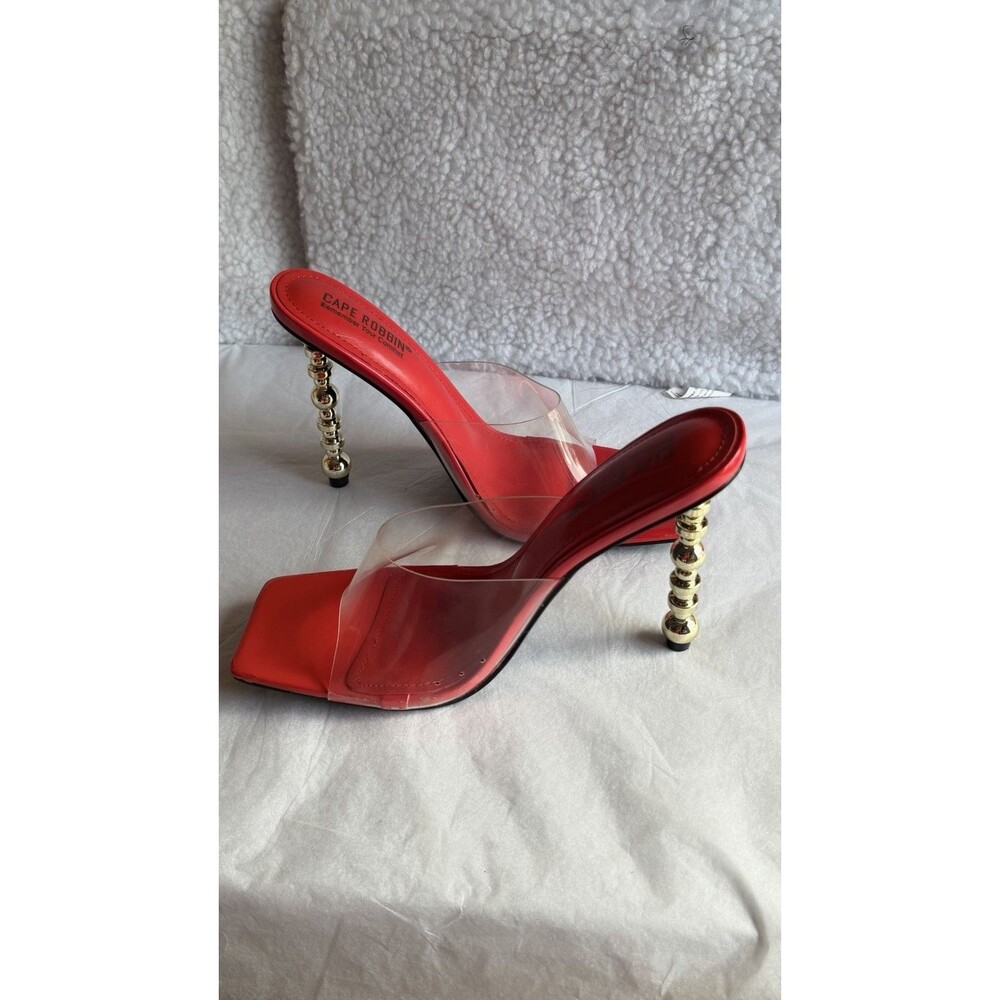 Cape Robbin Metro Red Clear Strap Gold Sculptural Heel Mule Sandals Women’s 10